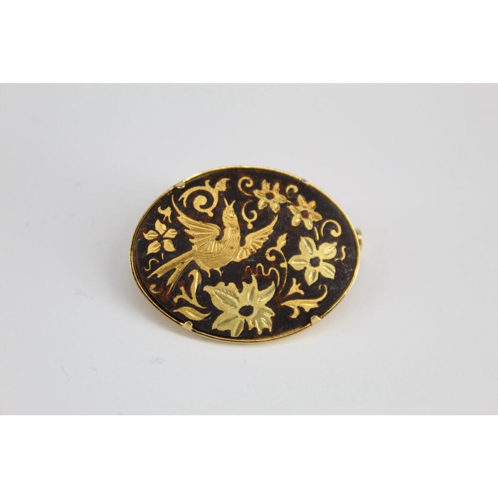 Vintage Damascene Style Bird Brooch Pin Black Gold Tone Floral Oval Spain Style